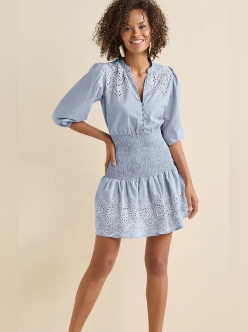 Venus Light Blue Eyelet Smocked Waist Mini Dress